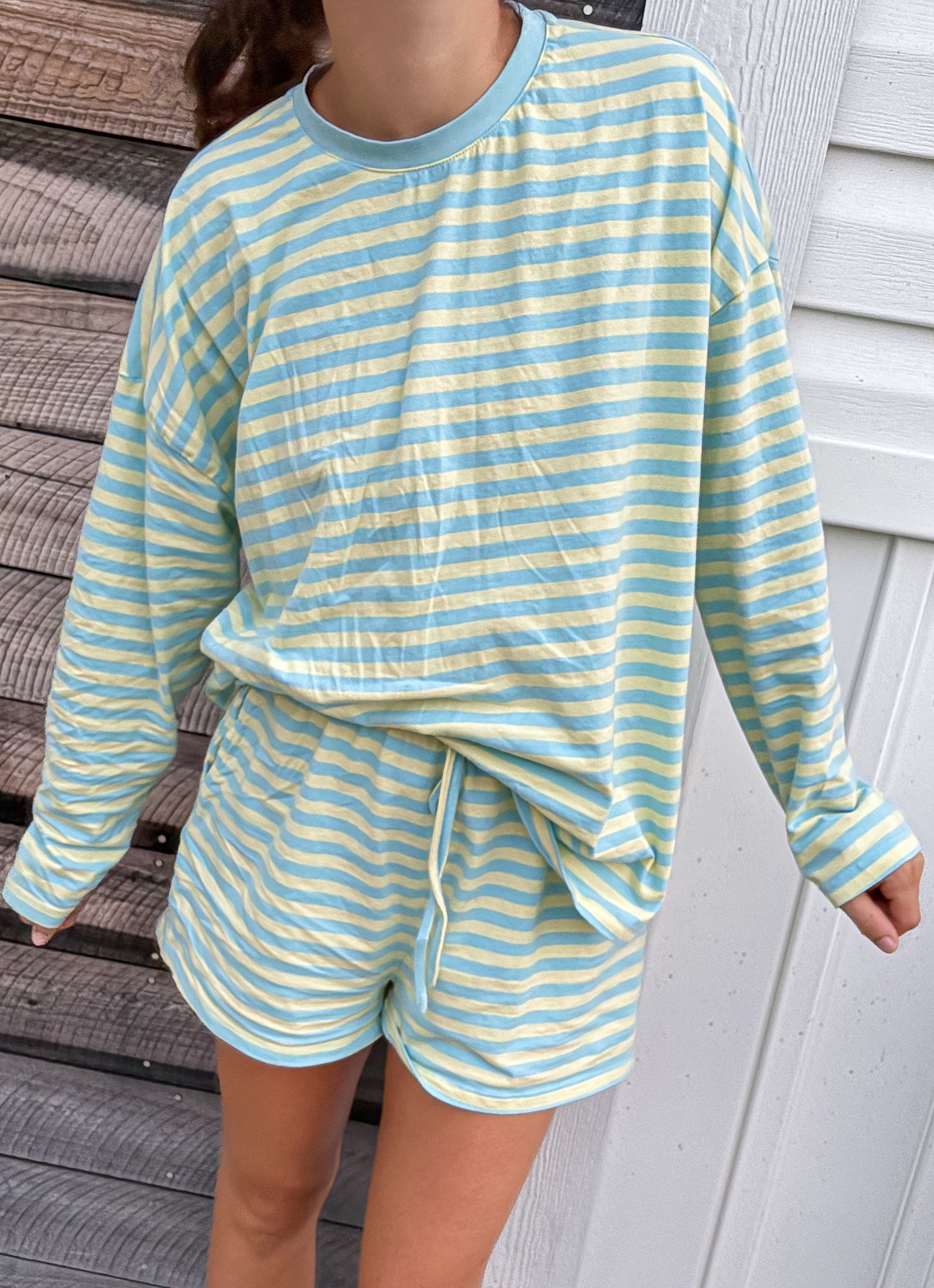 STRIPED KNIT TOP AND SHORTS SET