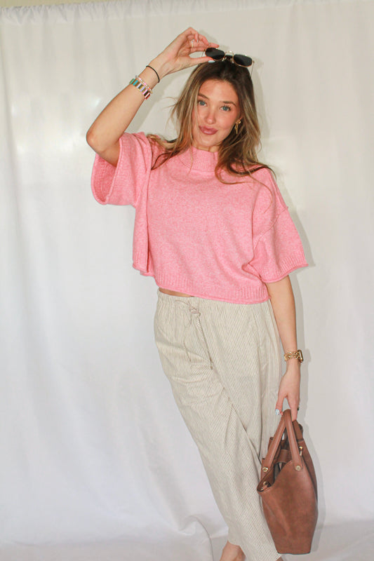 MARLED KNIT MOCK NECK SHORT SLEEVE SWEATER