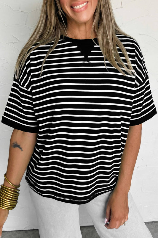 Fashion Stripe Rib Patched Seam Detail Half Sleeve Tee